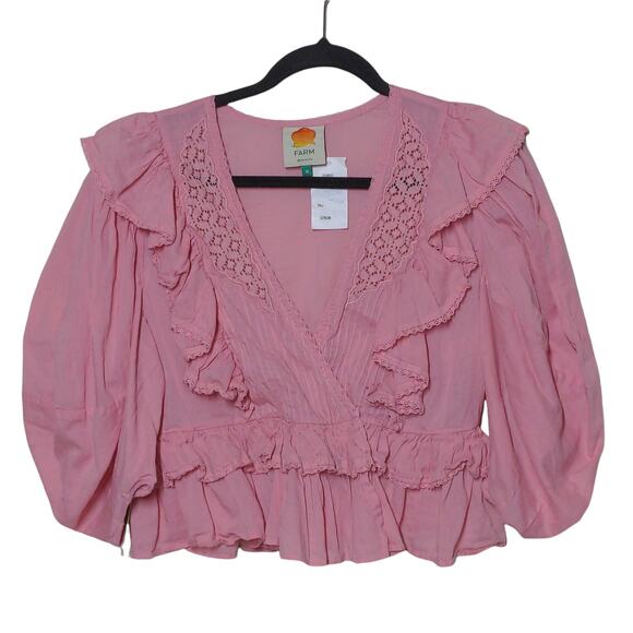 Farm Rio Puff-sleeve Ruffle Cotton Blouse In Pink – Size M– NWT - Picture 1 of 14